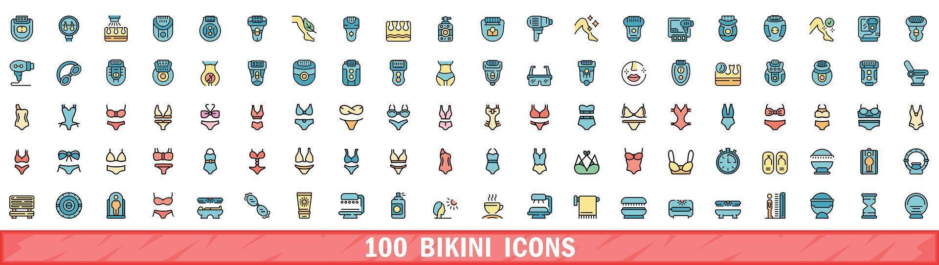 100 bikini icons set, color line style vector