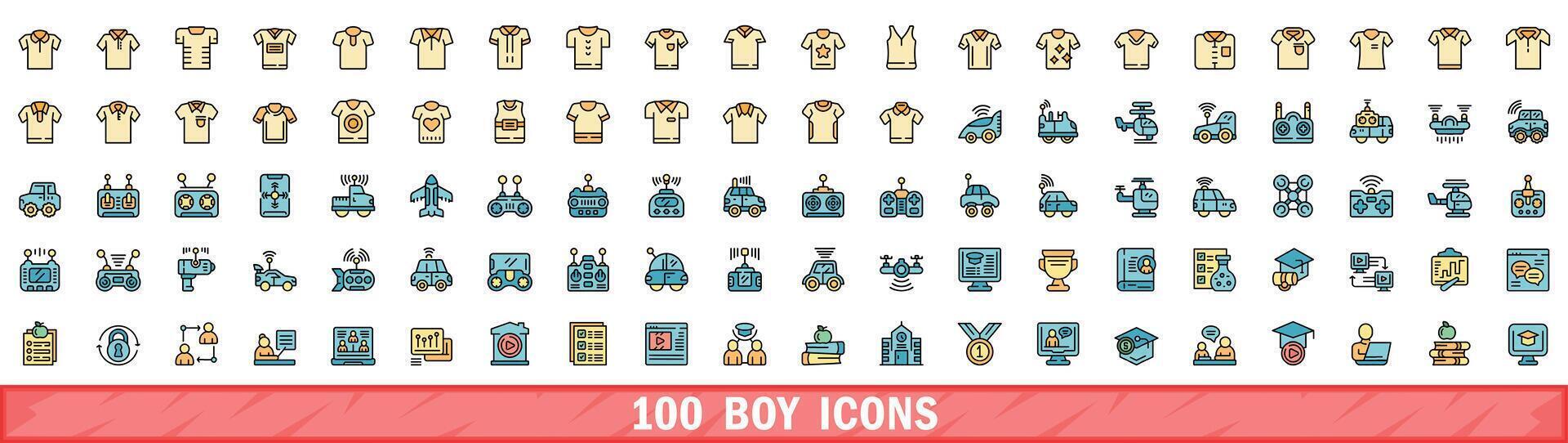 100 boy icons set, color line style vector