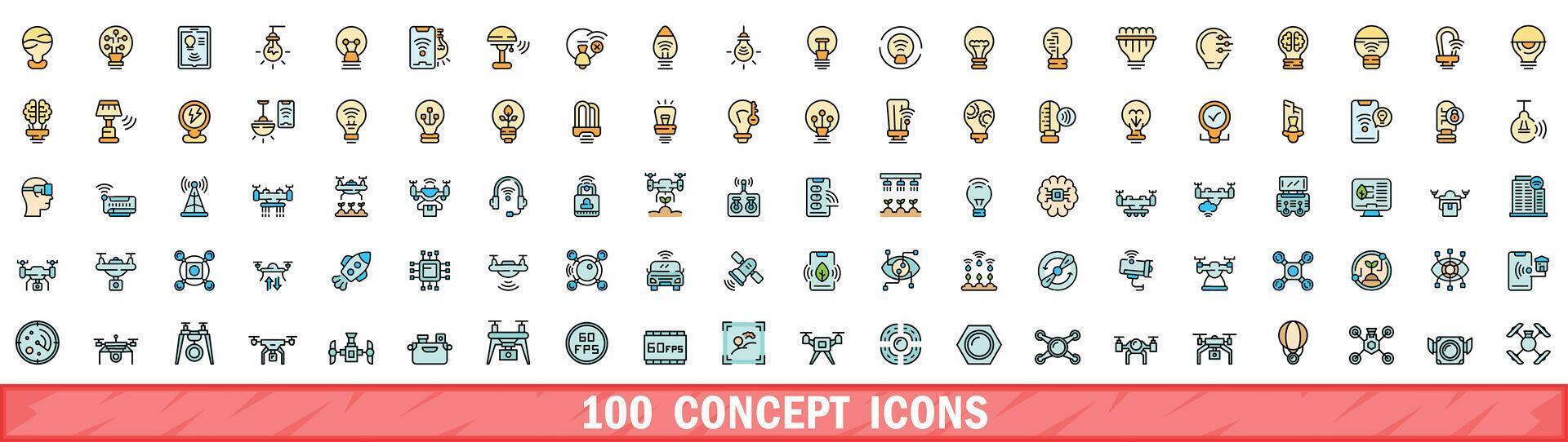 100 concept icons set, color line style vector