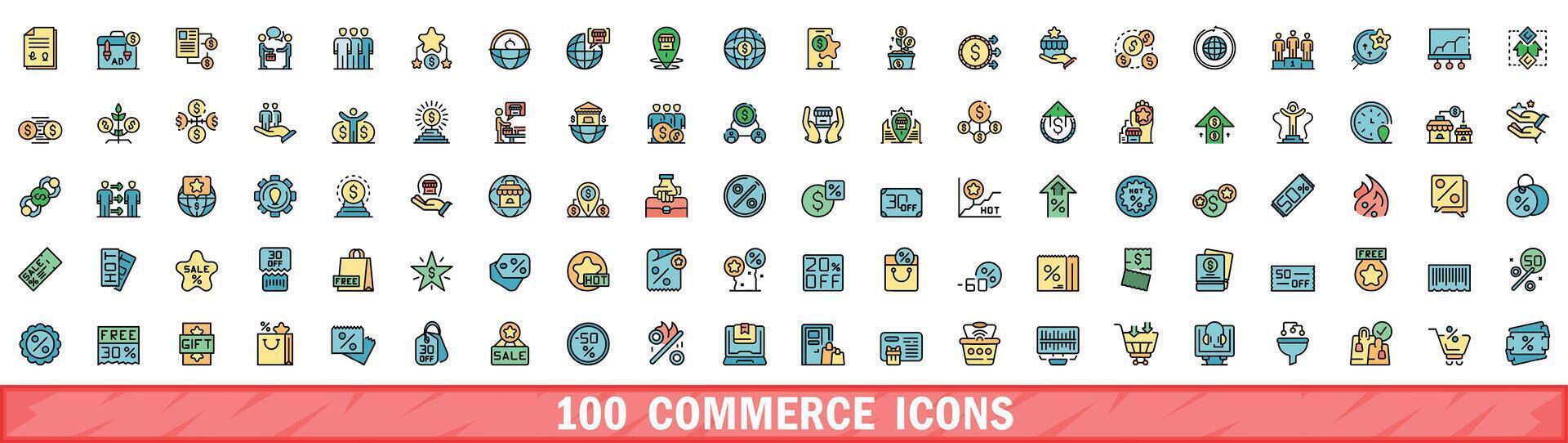 100 commerce icons set, color line style vector