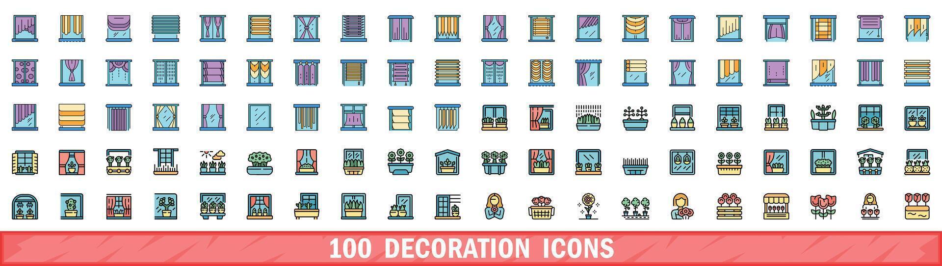 100 decoration icons set, color line style vector