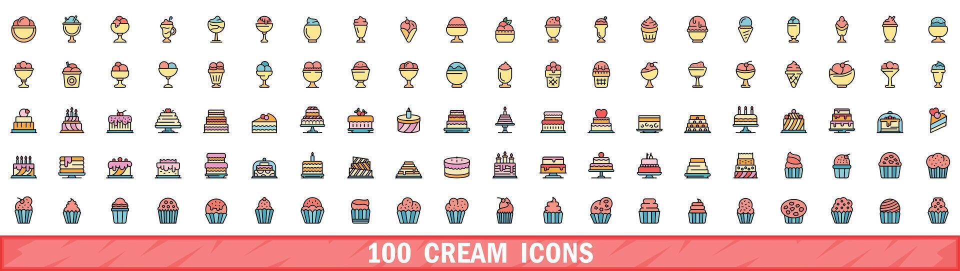 100 cream icons set, color line style vector