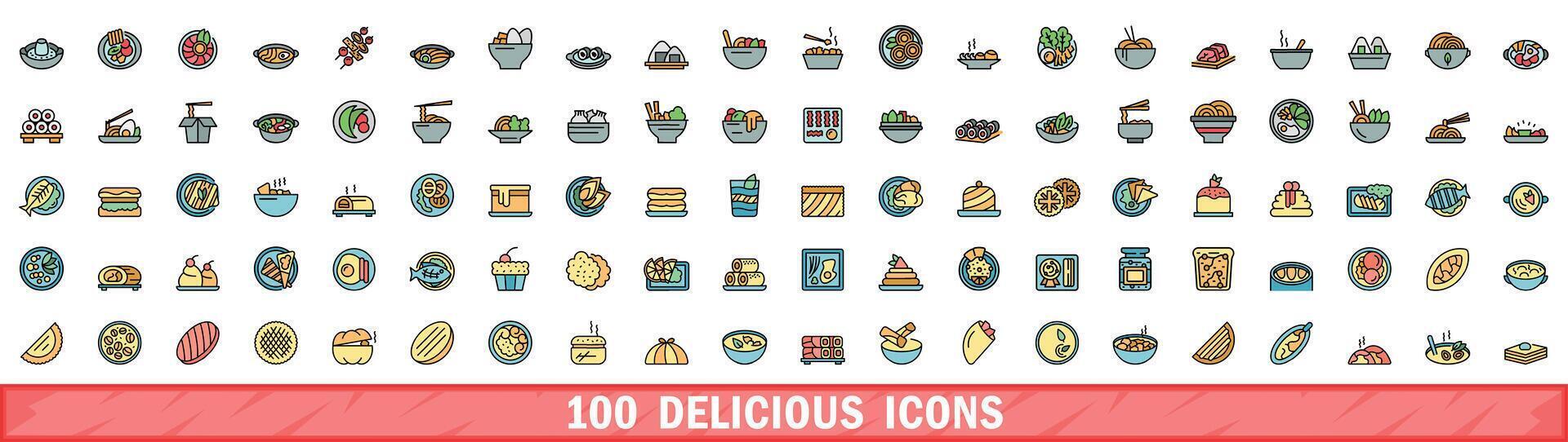 100 delicious icons set, color line style vector