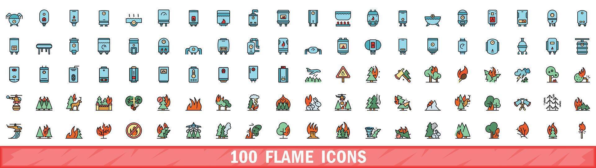 100 flame icons set, color line style vector