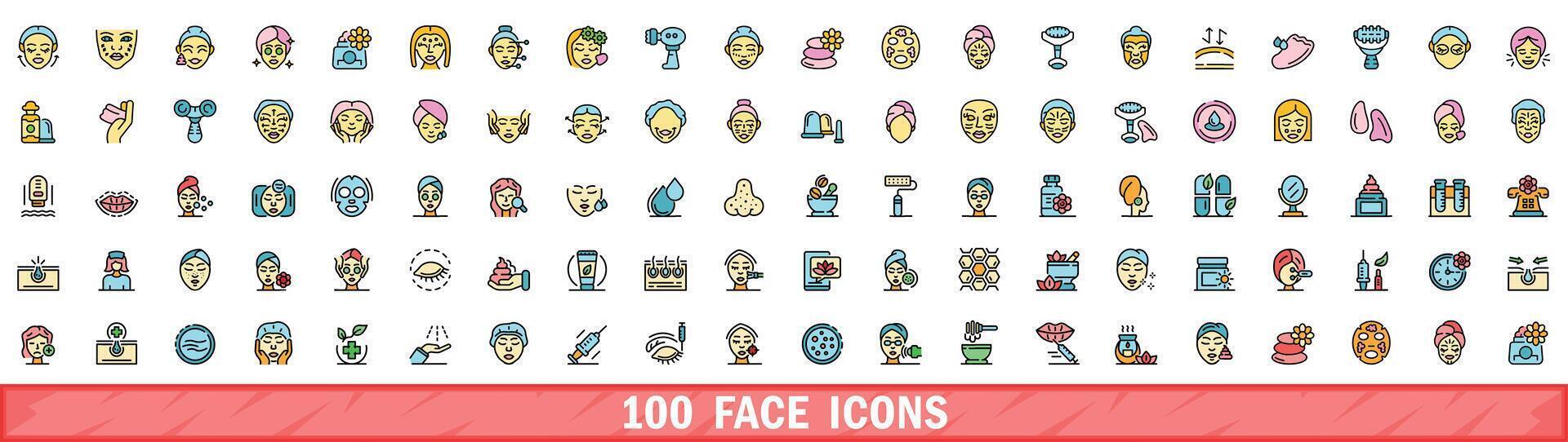 100 face icons set, color line style vector