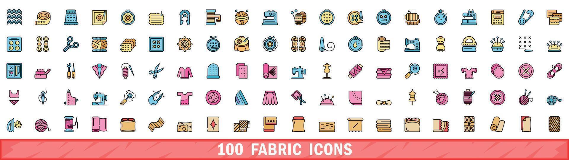 100 fabric icons set, color line style vector