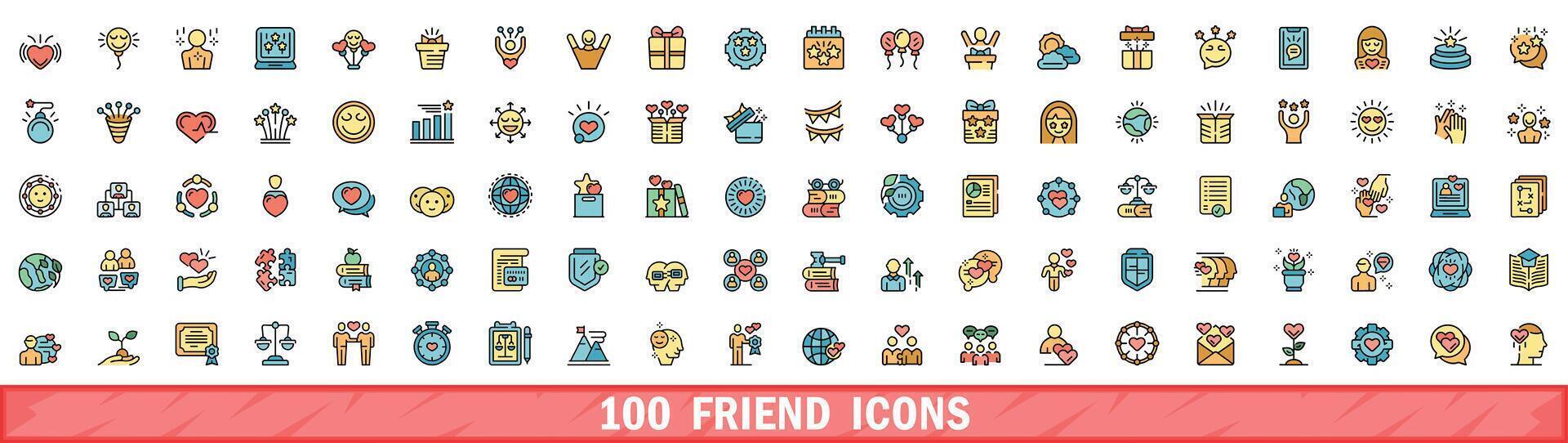 100 friend icons set, color line style vector