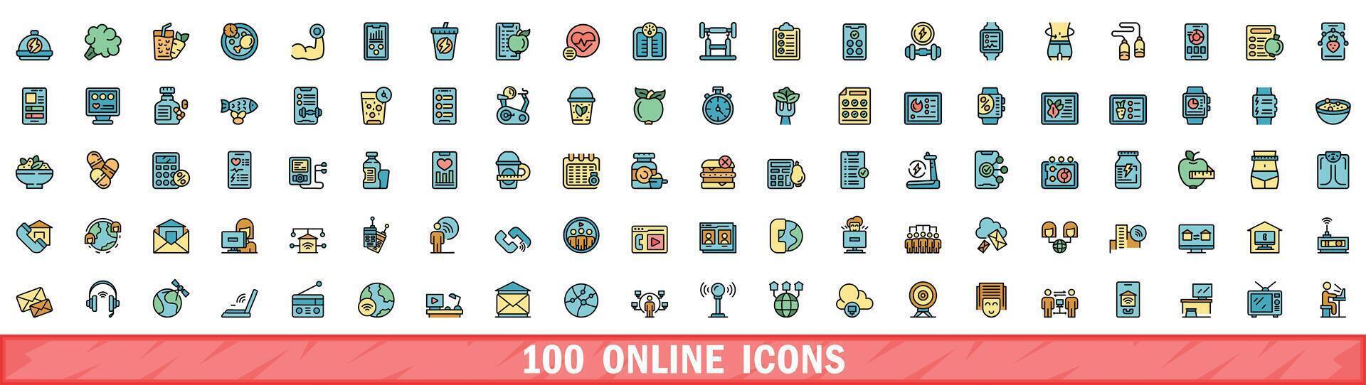 100 online icons set, color line style vector