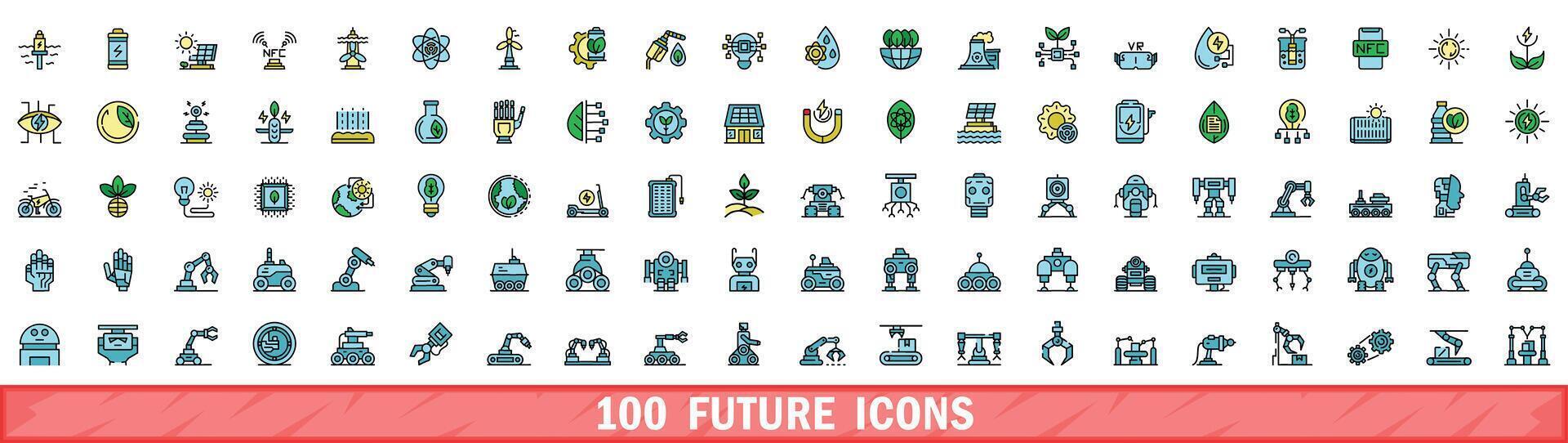 100 future icons set, color line style vector