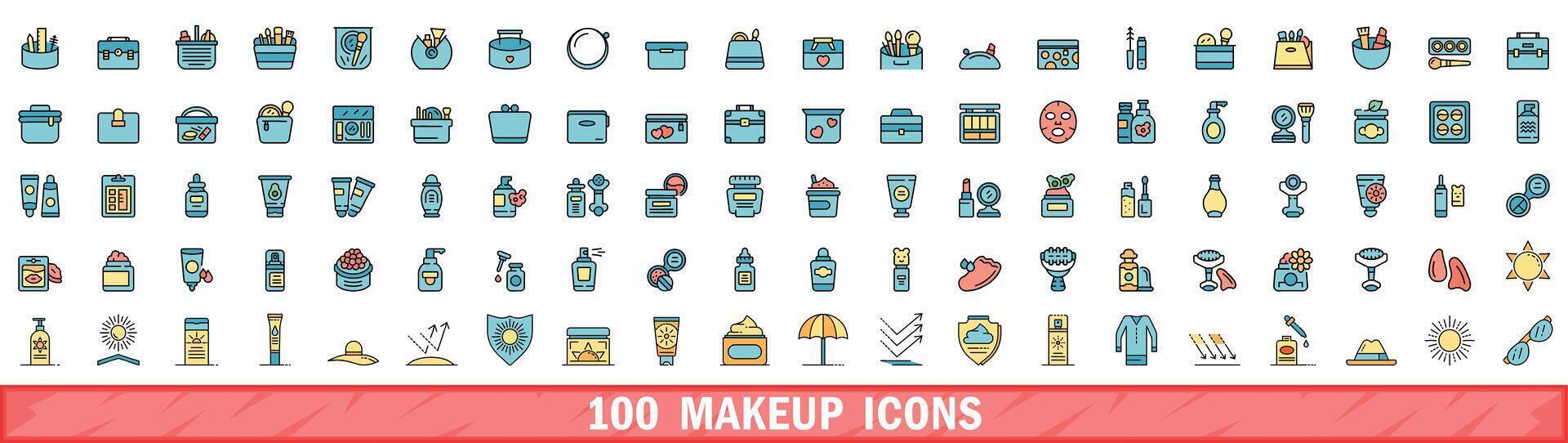 100 makeup icons set, color line style vector