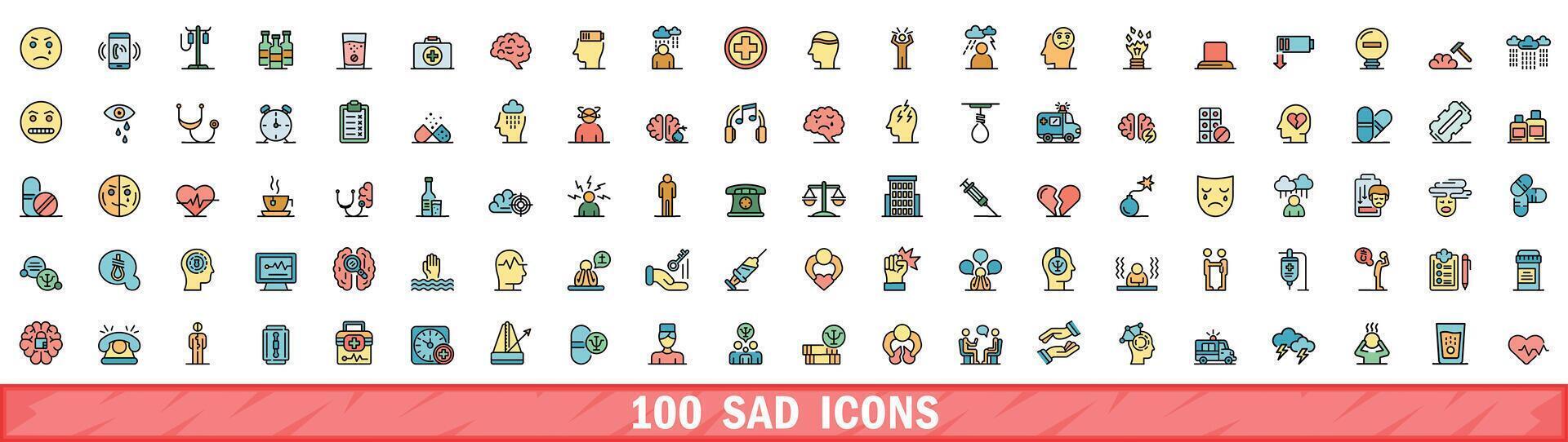 100 sad icons set, color line style vector