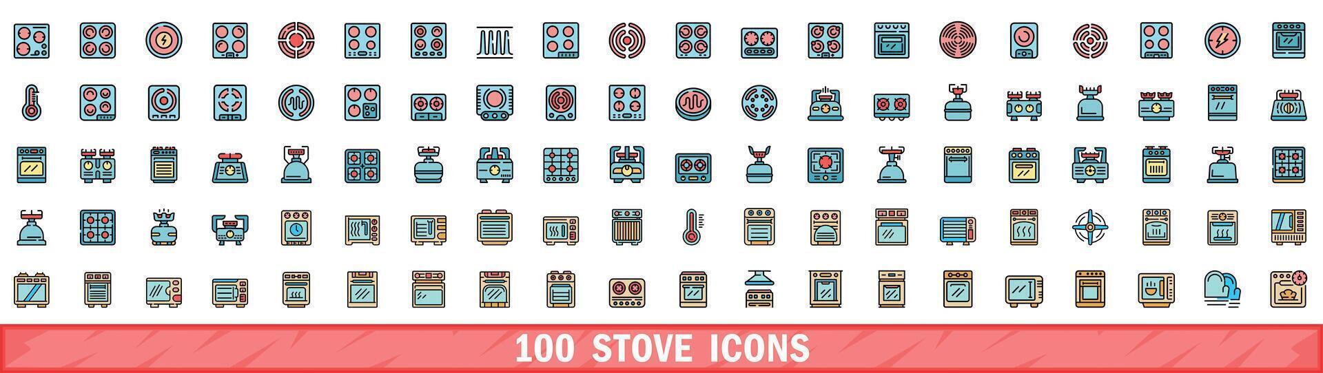 100 stove icons set, color line style vector