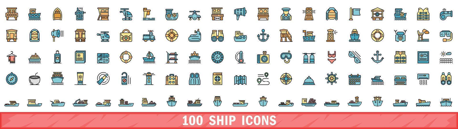 100 ship icons set, color line style vector