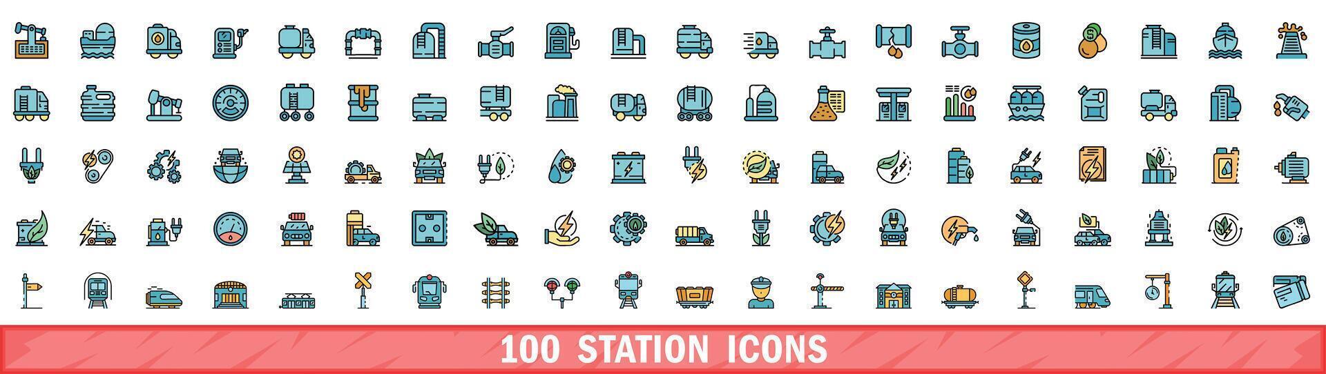 100 station icons set, color line style vector