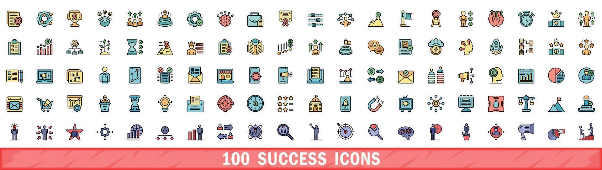 100 success icons set, color line style vector