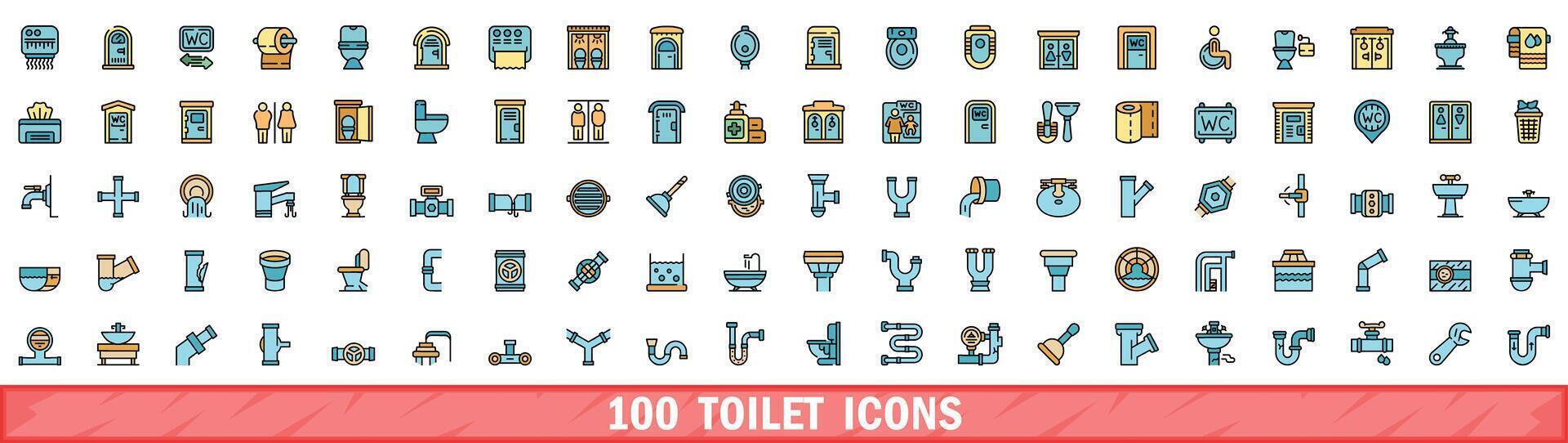 100 toilet icons set, color line style vector
