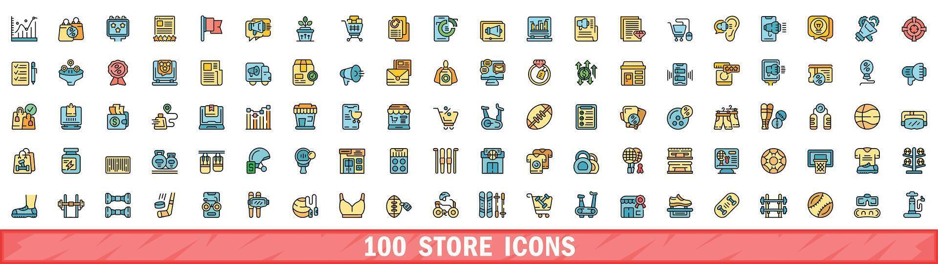 100 store icons set, color line style vector