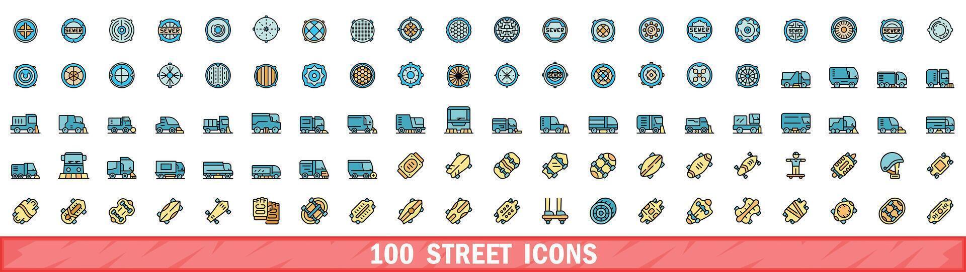 100 street icons set, color line style vector