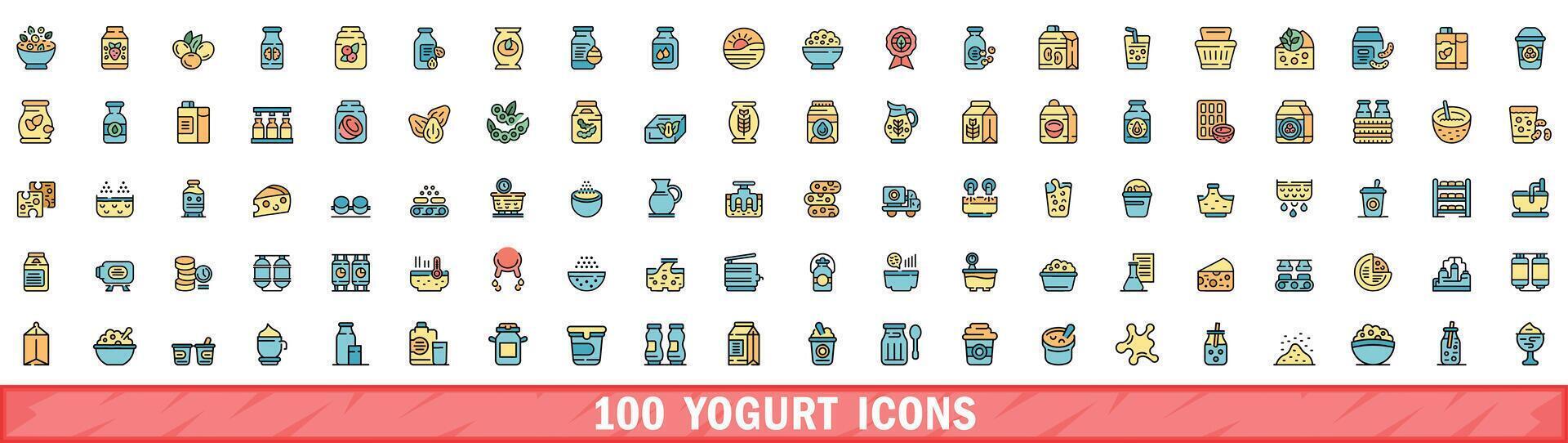 100 yogurt icons set, color line style vector