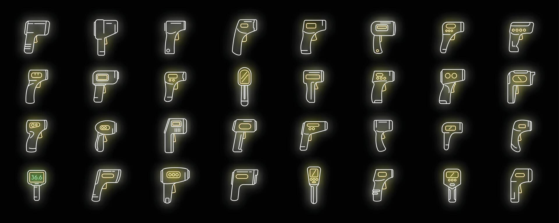 Laser thermometer icons set neon vector
