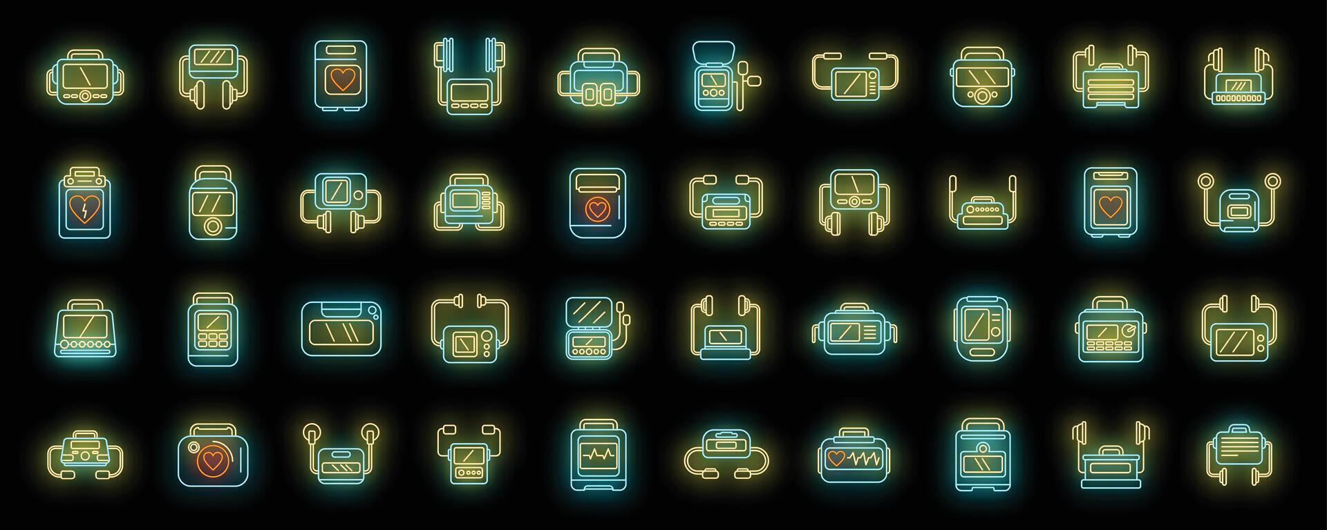 Defibrillator icons set neon vector