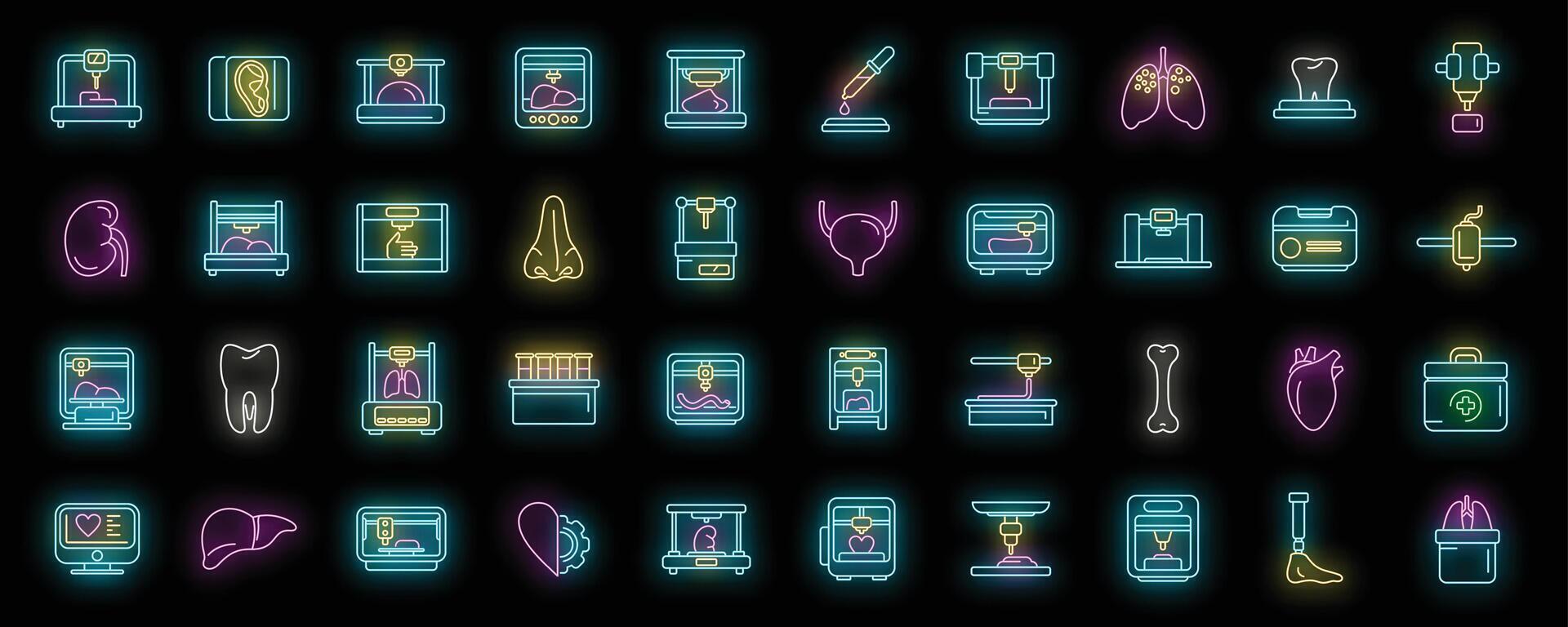 Bioprinting icons set neon vector