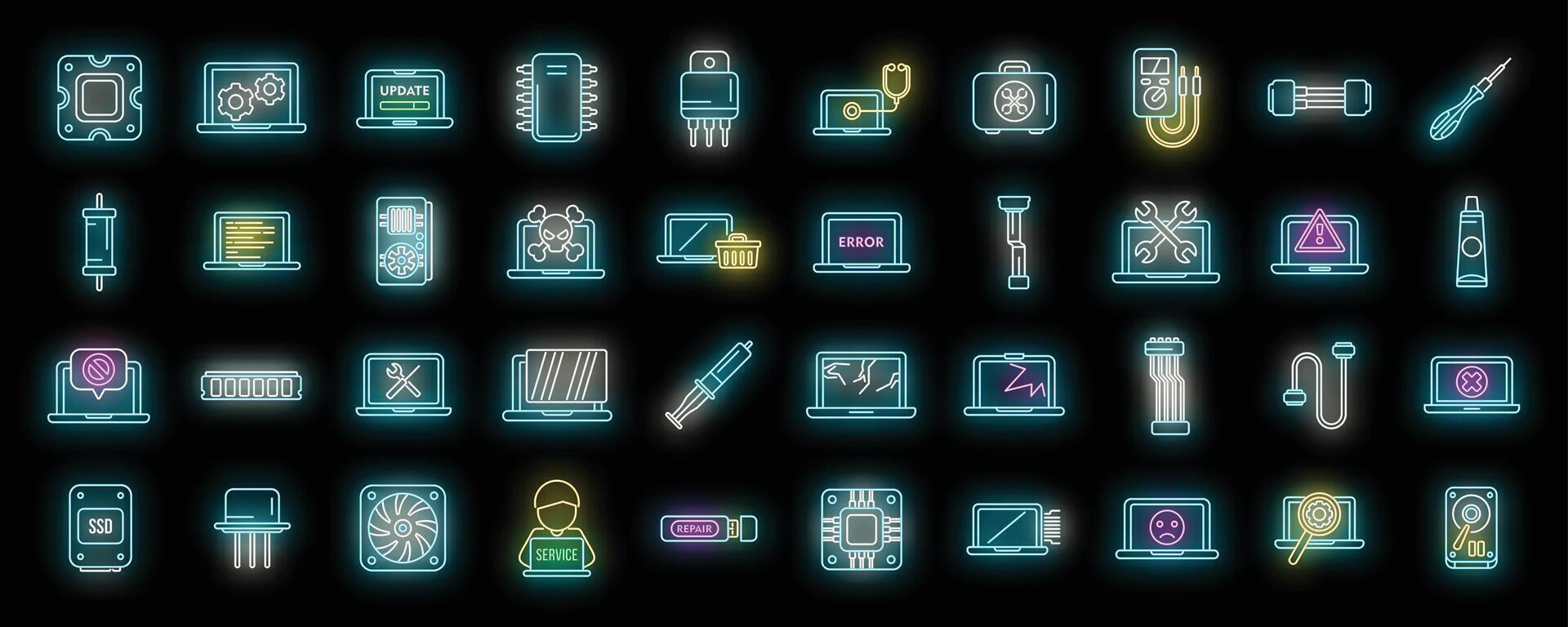 Laptop repair icons set neon vector