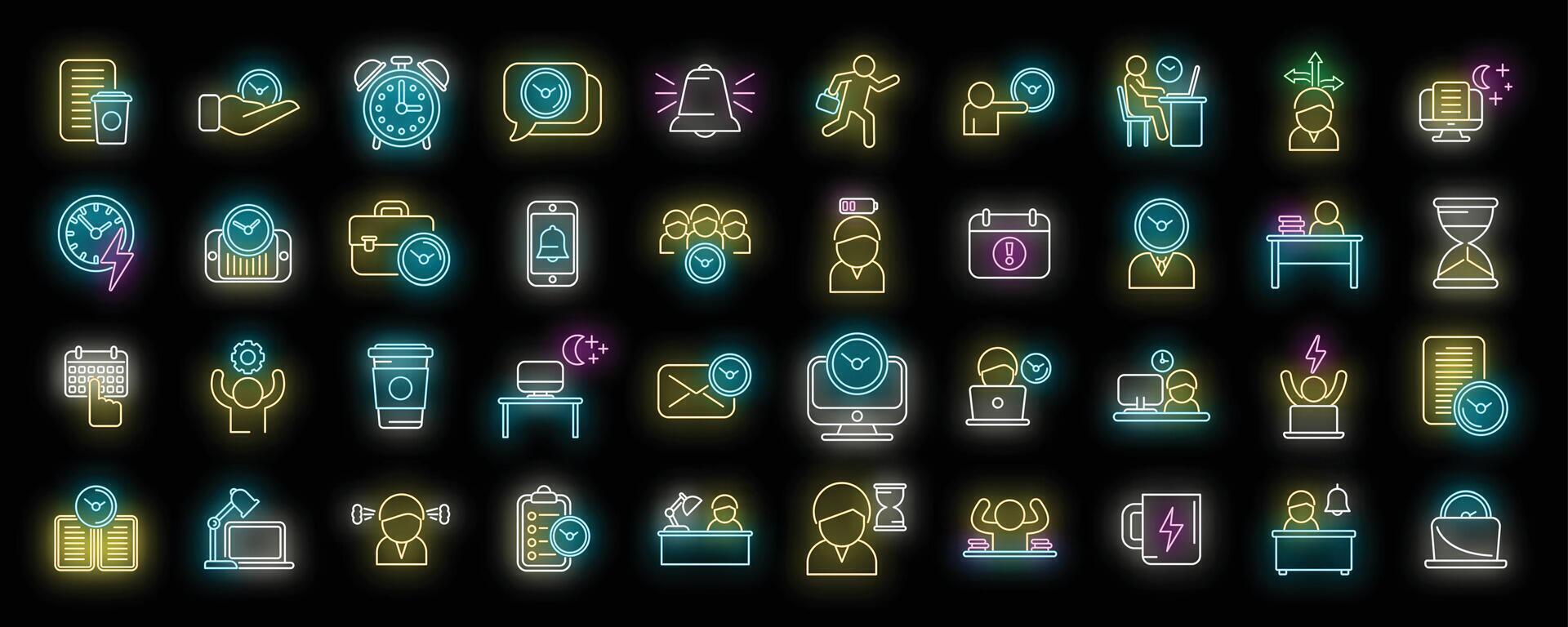 Late work icons set neon vector