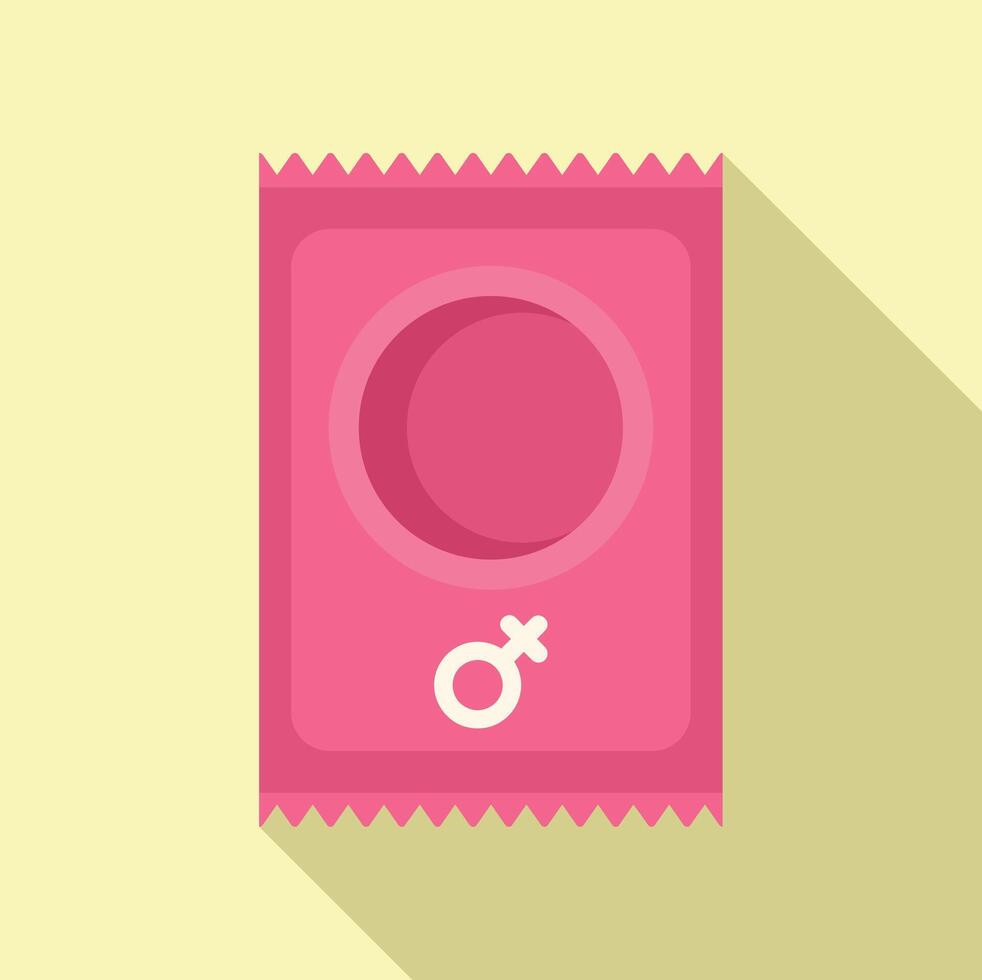 Flat design illustration of a pink condom wrapper with female symbol, on a light background vector