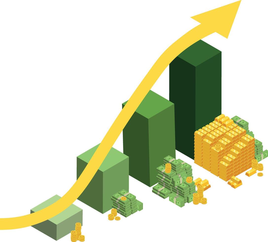 isometric business growth featuring an increasing graph of money and gold vector