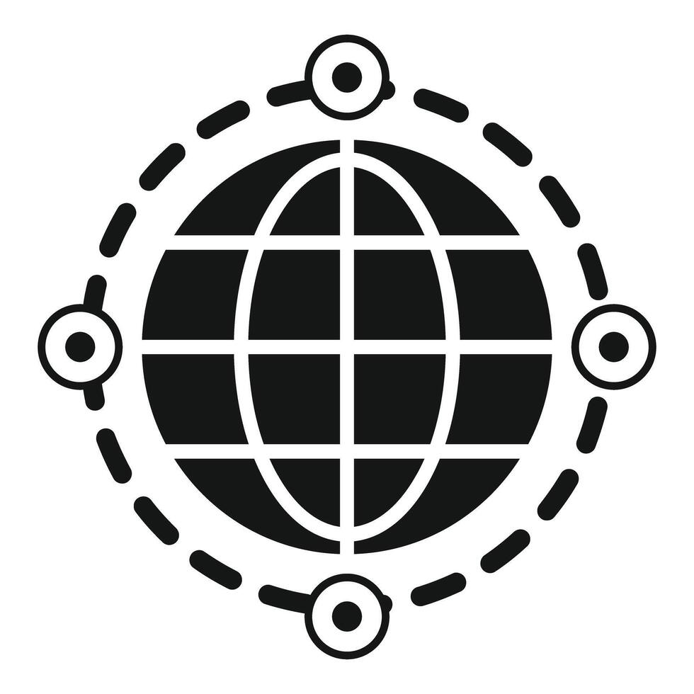 Black and white icon illustrating a stylized globe surrounded by network connections vector