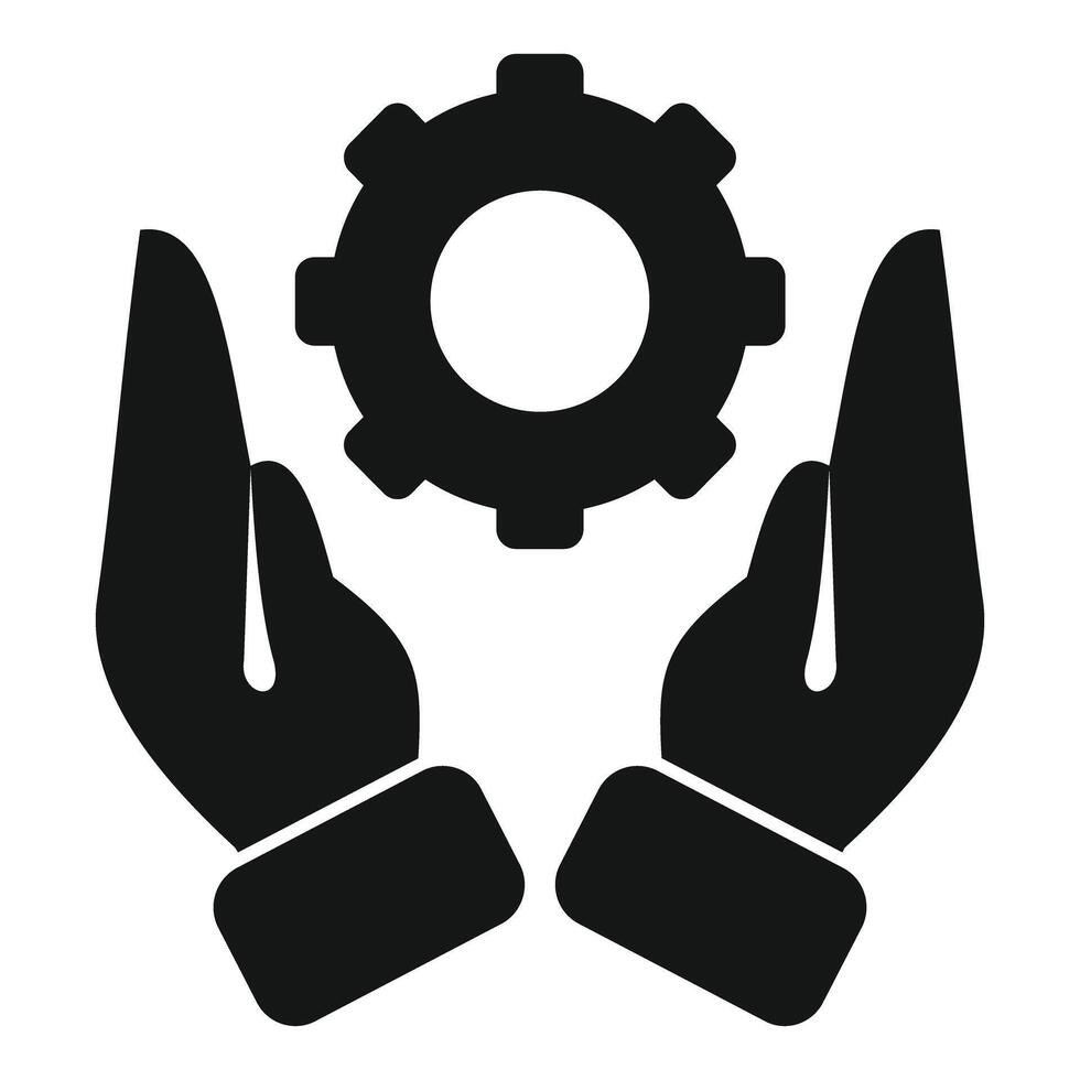 Graphic symbolizing support, care, and maintenance with hands cradling a cogwheel vector