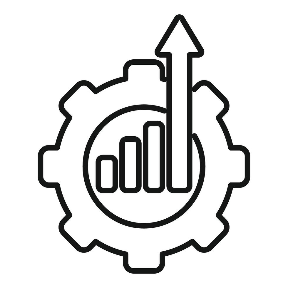Black and white icon of a gear with an upward graph, symbolizing growth and progress vector