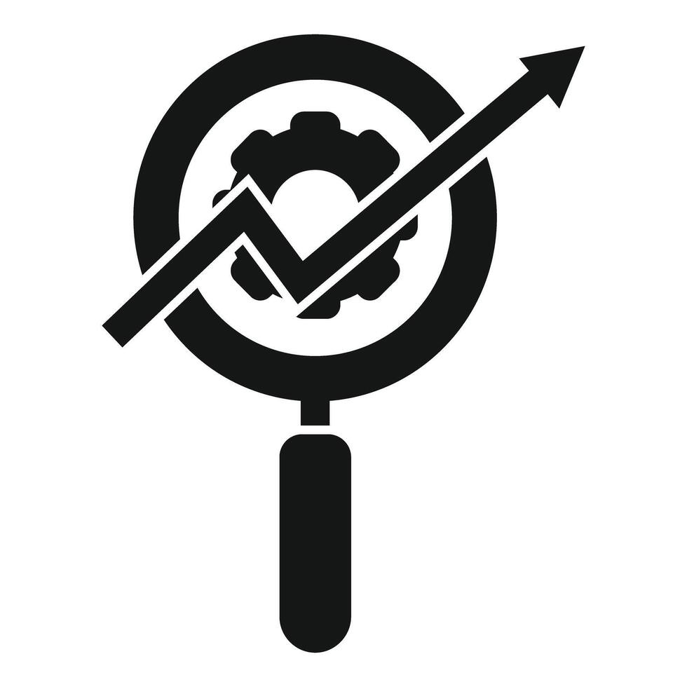Graphic of a magnifying glass focusing on a gear and upward arrow, symbolizing growth vector