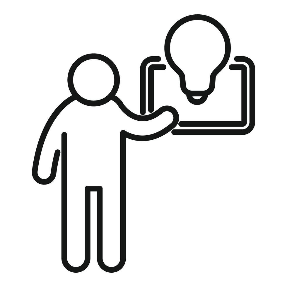 Simplistic line icon depicting a person presenting an idea with a light bulb and laptop vector