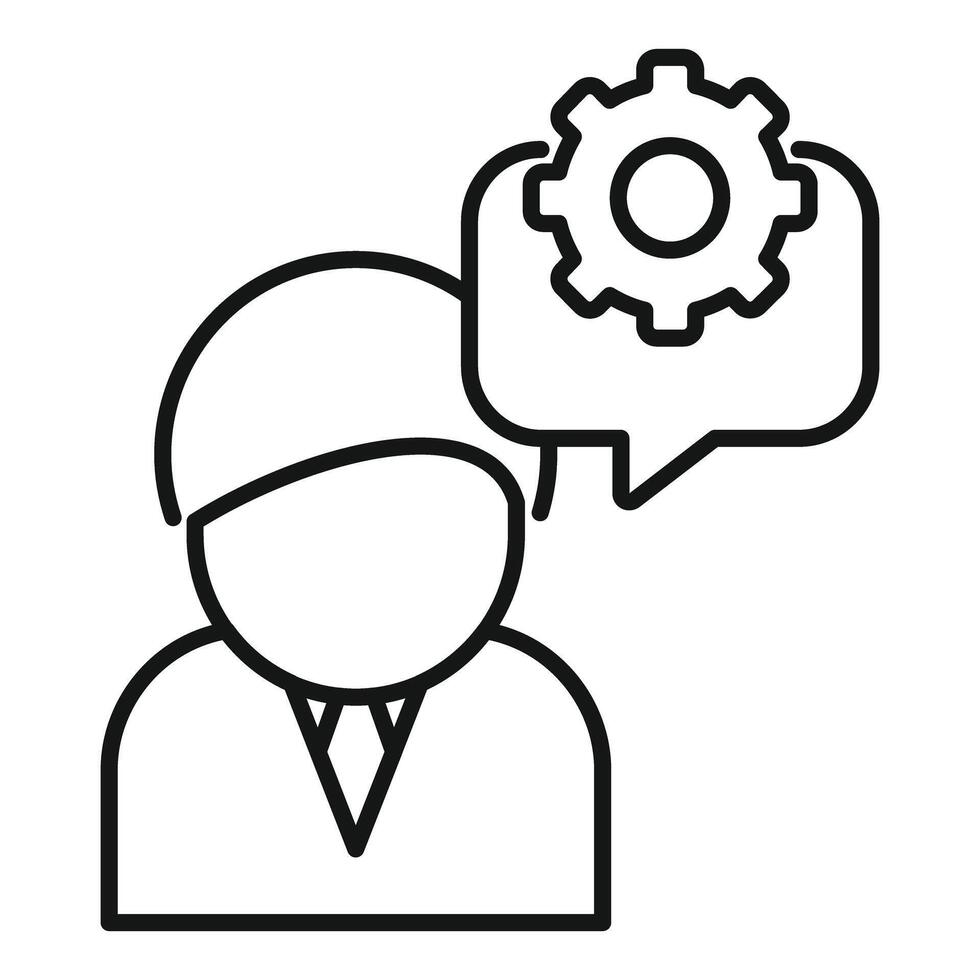 Line icon depicting a person with a speech bubble and gear, symbolizing engineering thought vector