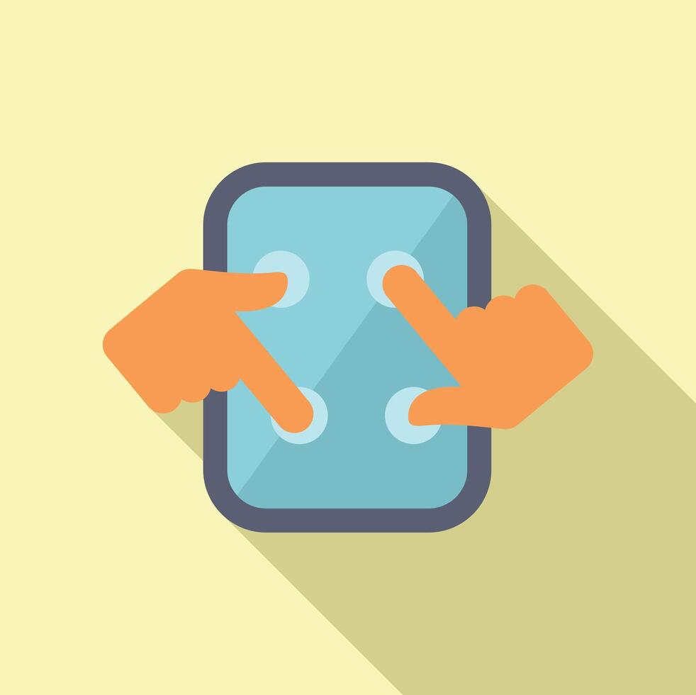 Flat design icon of hands performing pinch gesture on a touchscreen device with a long shadow vector