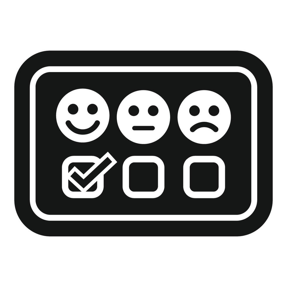 Black and white of smiley, neutral, and sad face icons with a checkmark on a rectangle vector