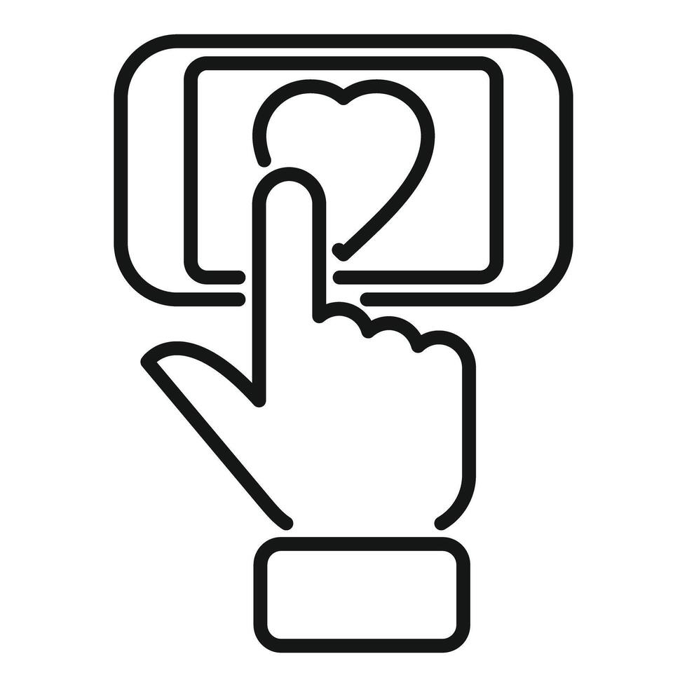 Simplistic line art illustration featuring a hand touching a heart symbol on a screen vector
