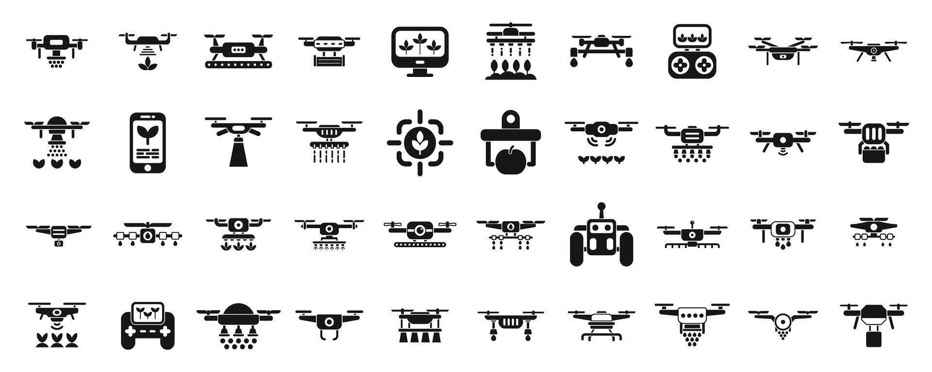 Drones in agriculture icons set . A collection of various types of drones and other flying machines vector
