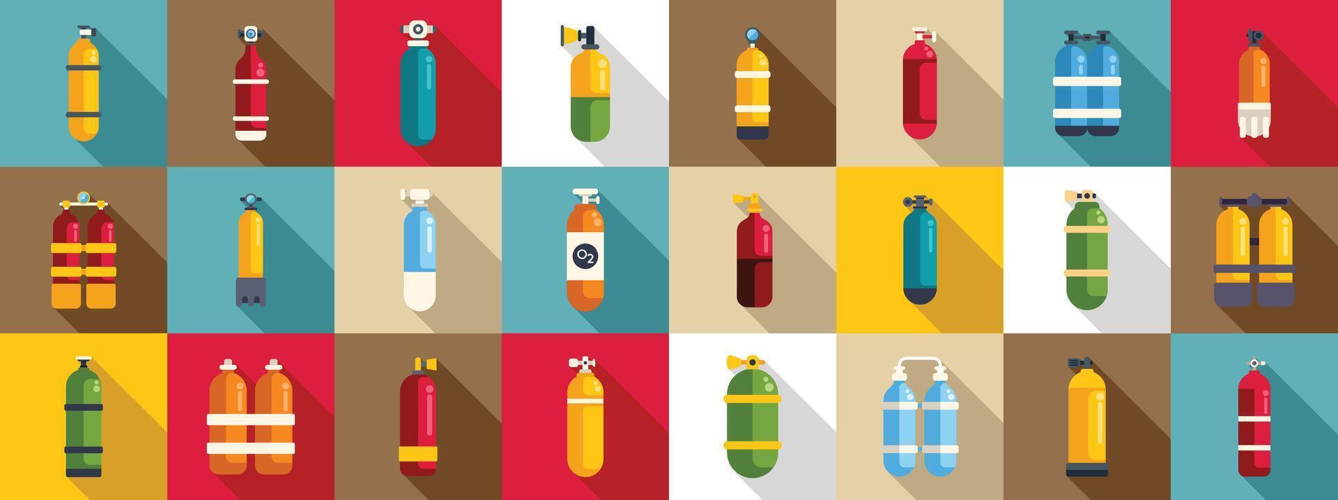 Diving cylinders icons set . A collection of various colored fire extinguishers in different sizes and shapes vector