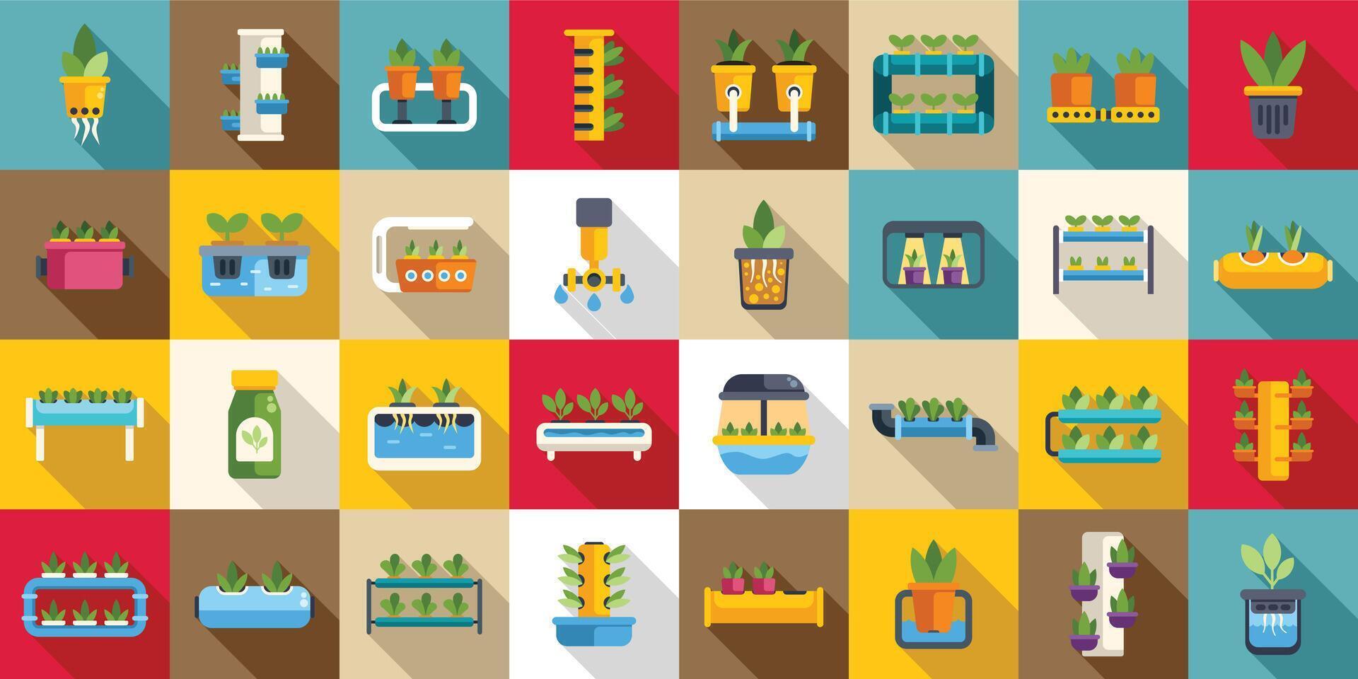 Hydroponics icons set . A collection of plants and pots in various sizes and shapes vector