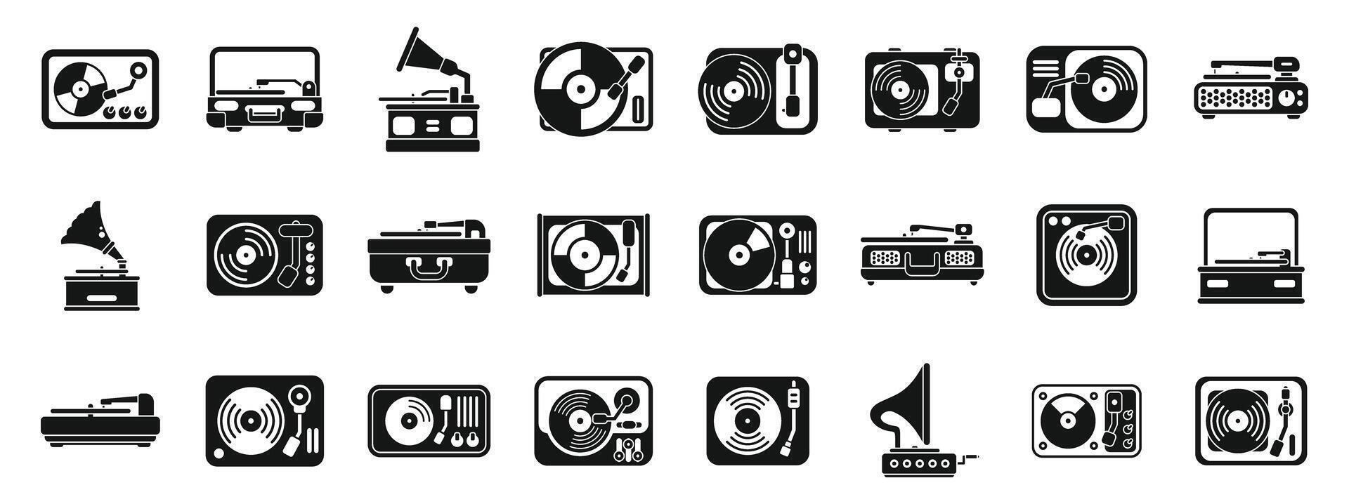 Vinyl player icons set . A collection of black and white icons of various electronic devices vector