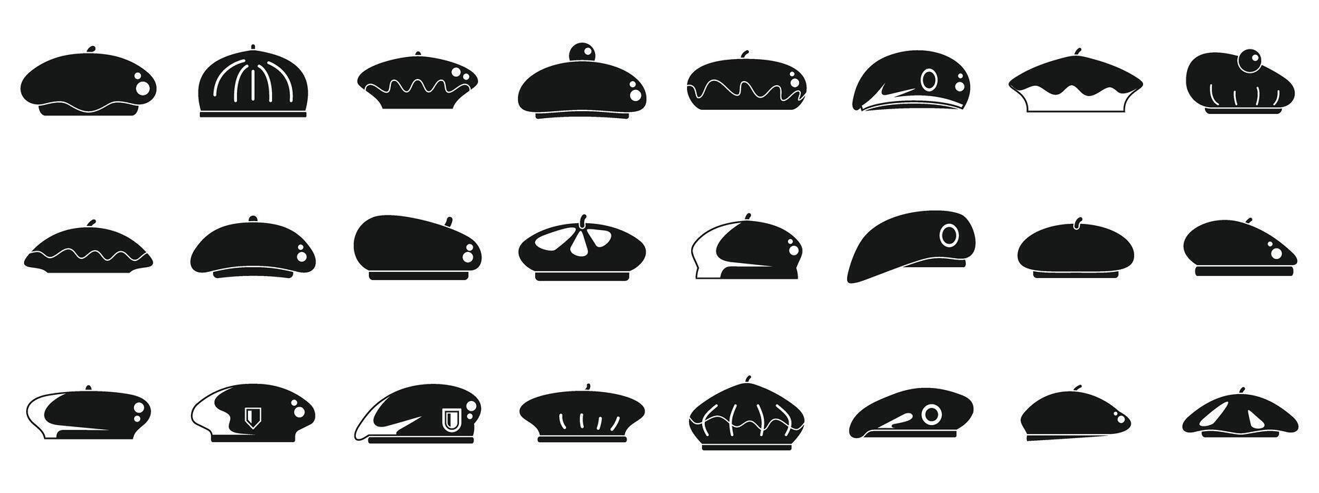 Beret icons set . A collection of hats in various styles and shapes vector