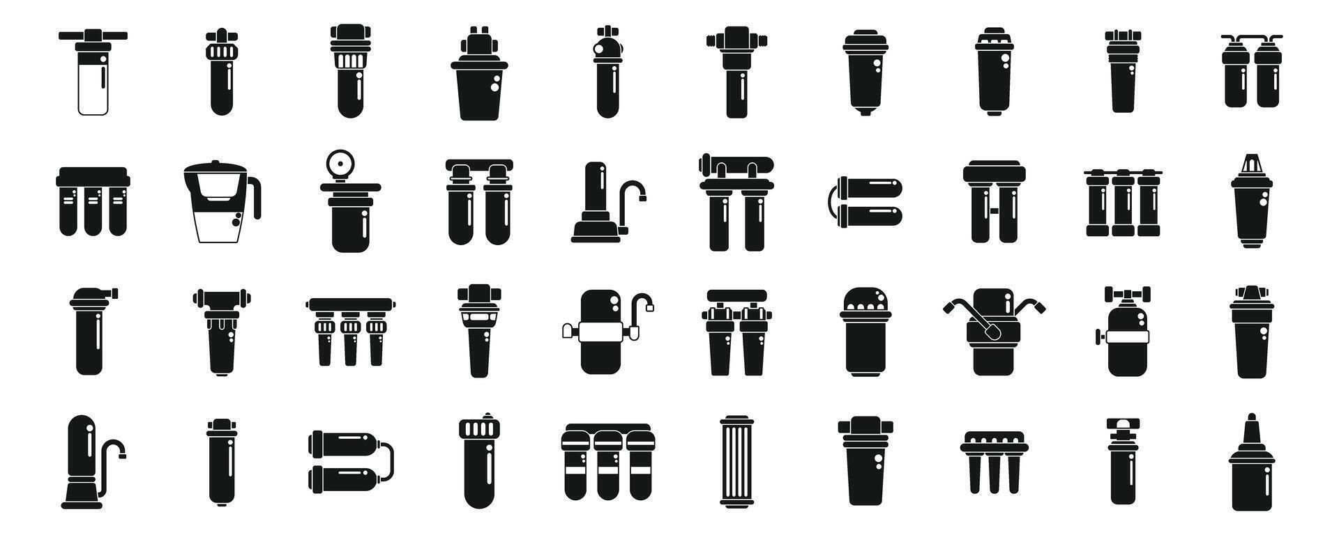 Filter for water purification icons set . A collection of black and white icons of various water filtration systems vector