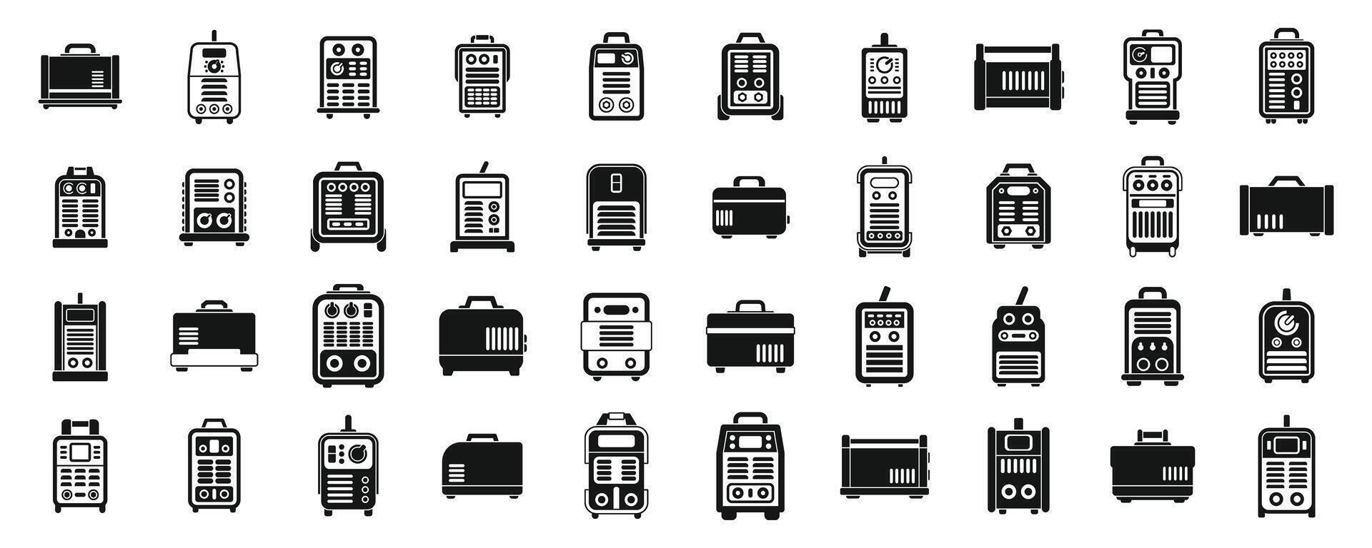 Welding machine icons set . A collection of various tools and equipment, including a backpack, a suitcase vector
