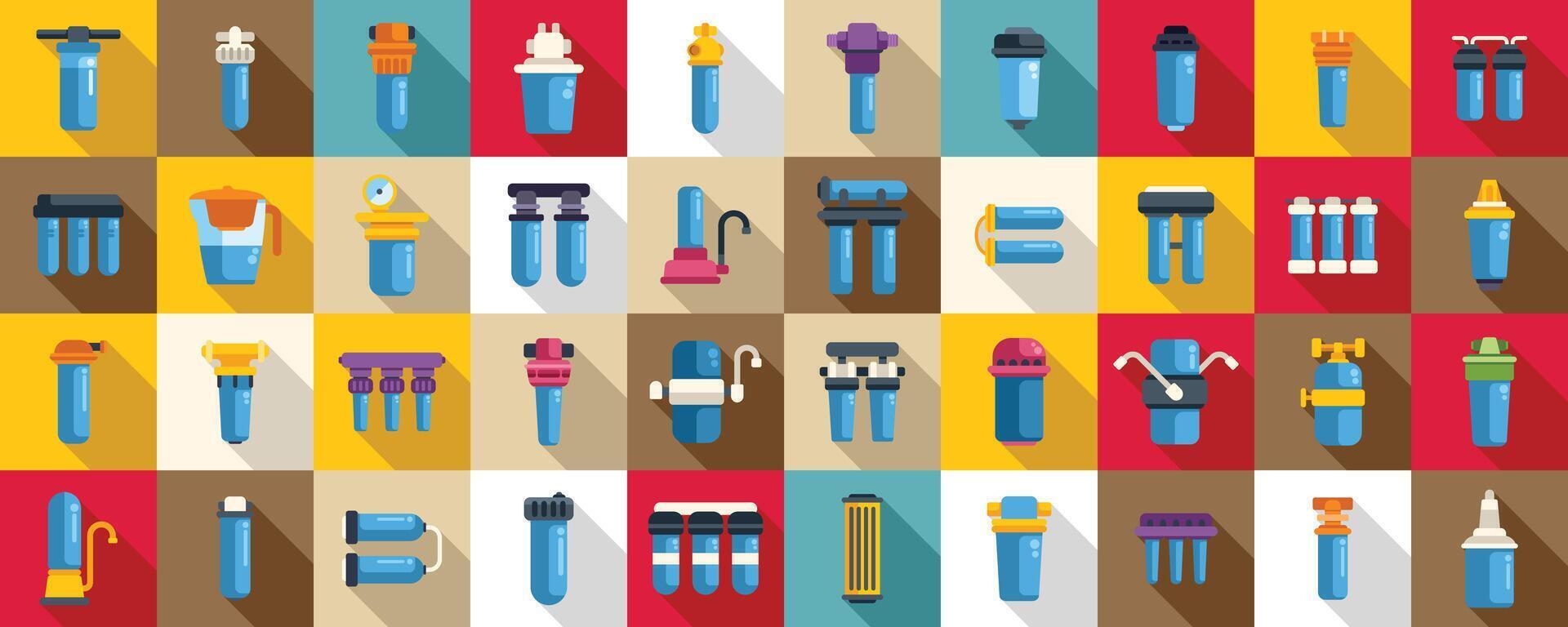 Filter for water purification icons set . A collection of blue water filters with a red and yellow background vector