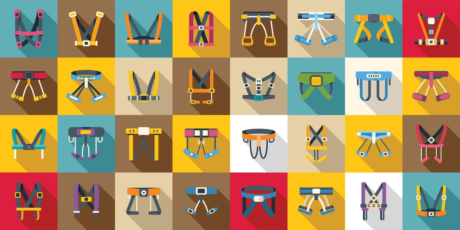Climbing harness icons set . A collection of safety harnesses in various colors and designs vector