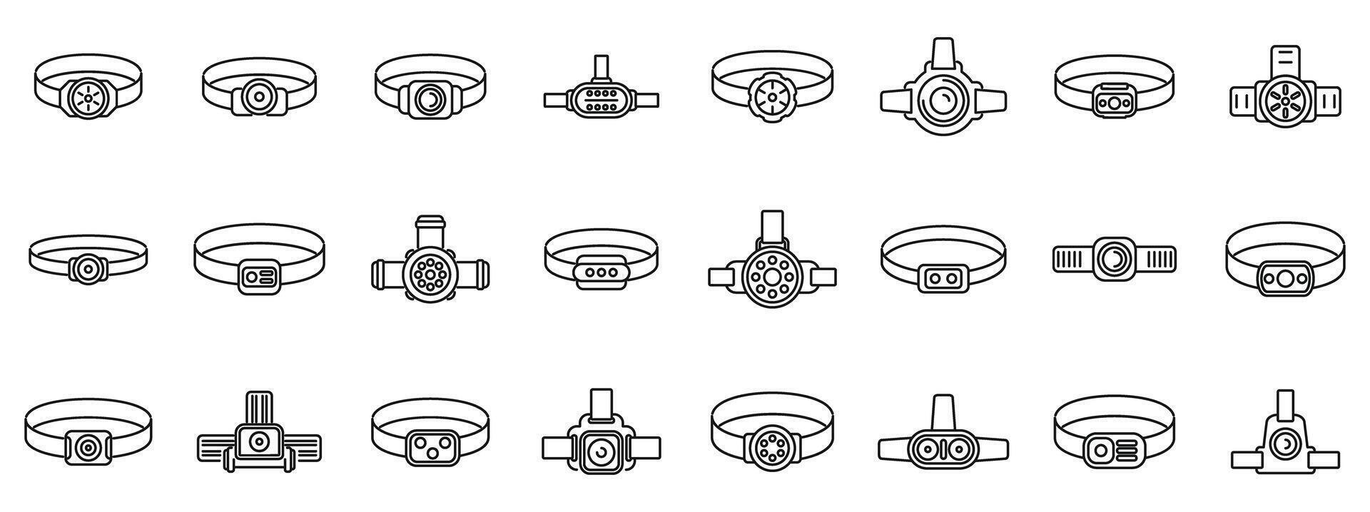 Headlamp icons set . A collection of different types of rings and bracelets vector