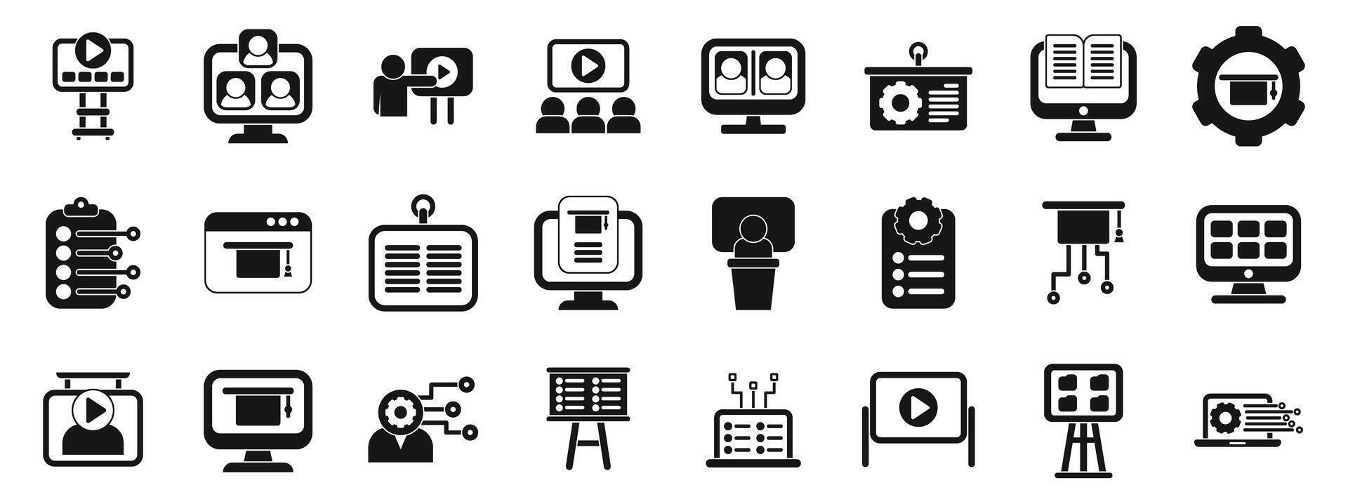 Classroom management software icons set . A collection of computer icons, including a computer monitor, a keyboard vector